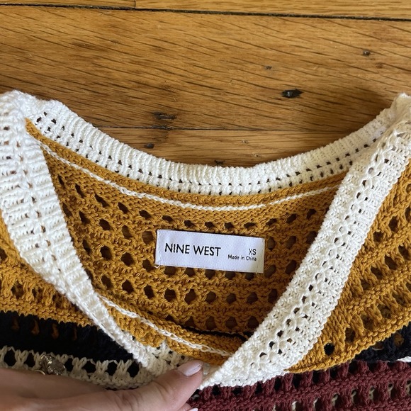 NWT Nine West Women's XS Cotton Crochet Dress White Brown Striped Sleeveless - Picture 3 of 11